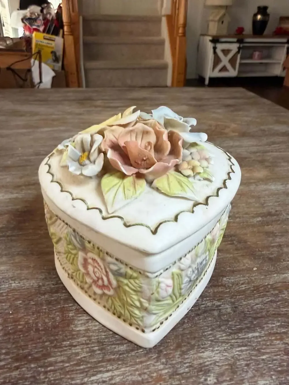 Vintage Porcelain Heart-Shaped Trinket Box with Applied Floral Bouquet